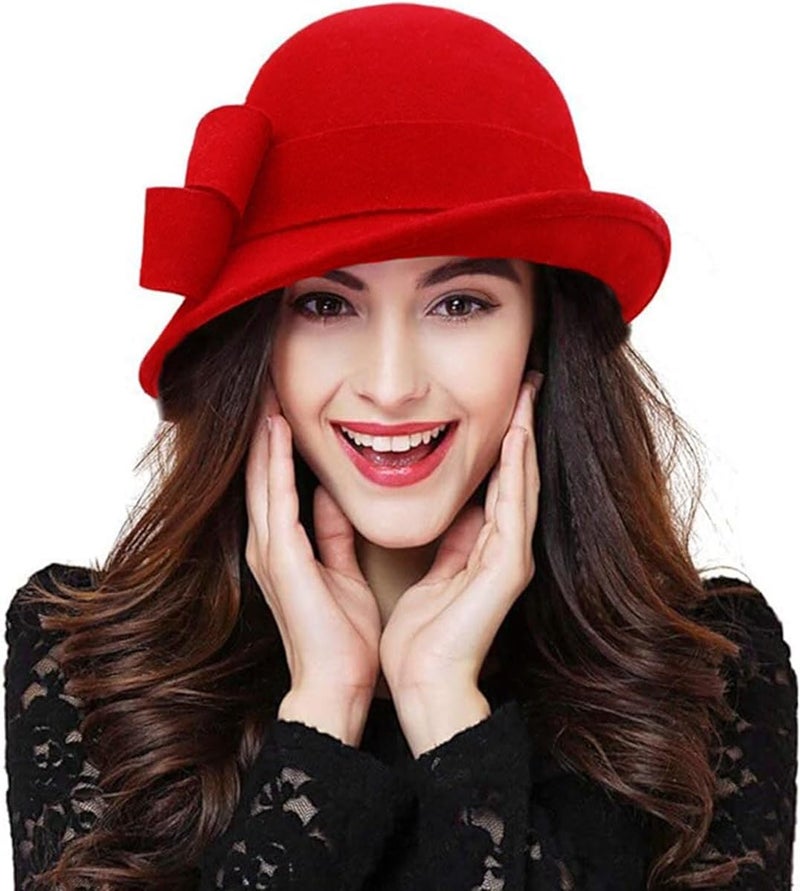 ORIDOOR Women Vintage Wool Felt Flowers Bucket Cloche Bowler Hat Church Wedding Dress Fascinator Hat Winter Felt Fedoras - Image 1